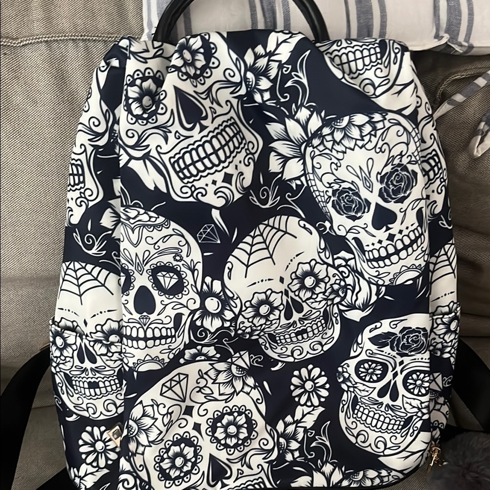 Sugar Skull Print Backpack in Navy & White